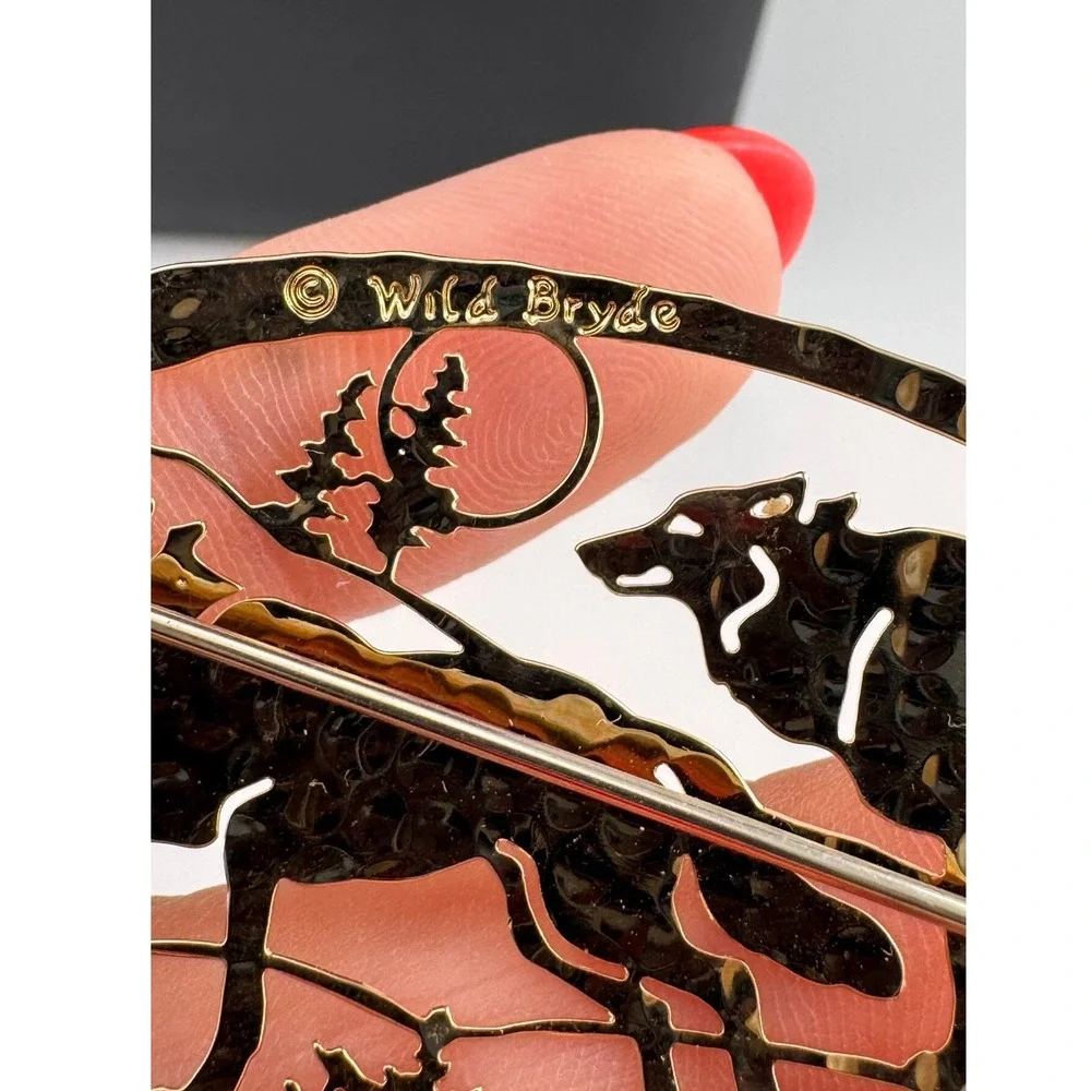 Wild Bryde Wolf Brooch Gold Tone Running Wolves Scenic Pin Vintage